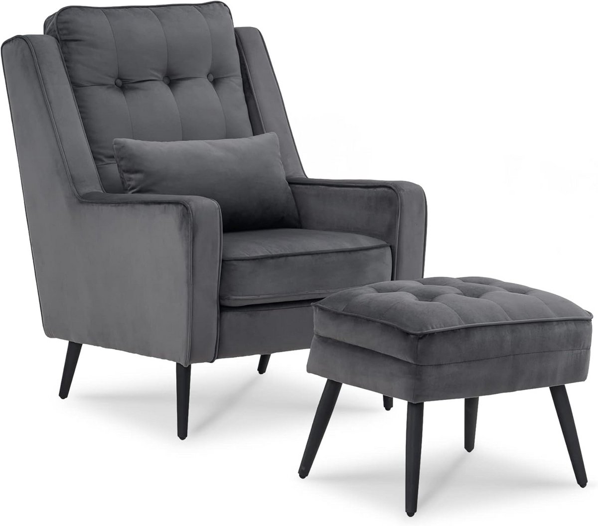 Comfortabele Grijze Fauteuil met Voetenbank - Fluweel en Metalen Poten