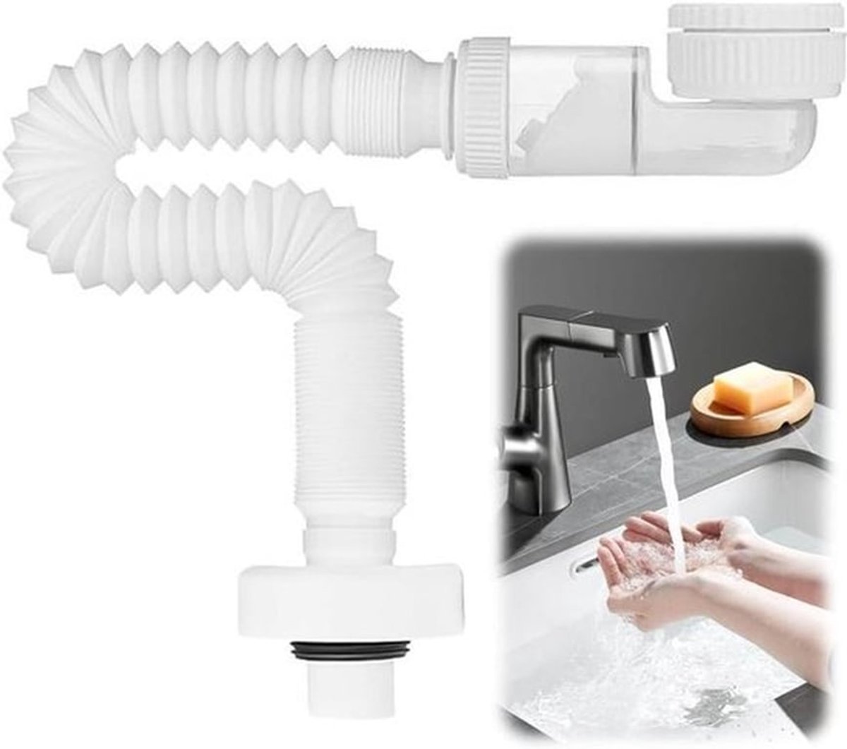 Ruimtebesparende sifon voor wastafel - Flexibele afvoerslang - Geurdichte en instelbare sifon met verwisselbare rioolbuis - Wit.