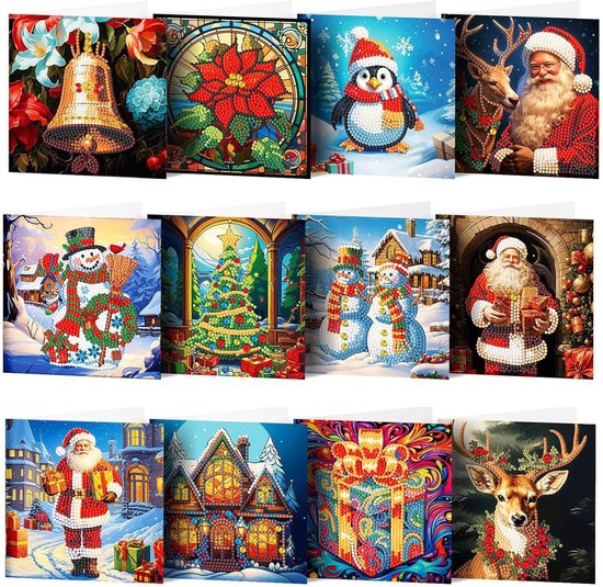 12 stuks DIY Diamond Painting Kerst Wenskaarten Set - Knutselpakket met ...