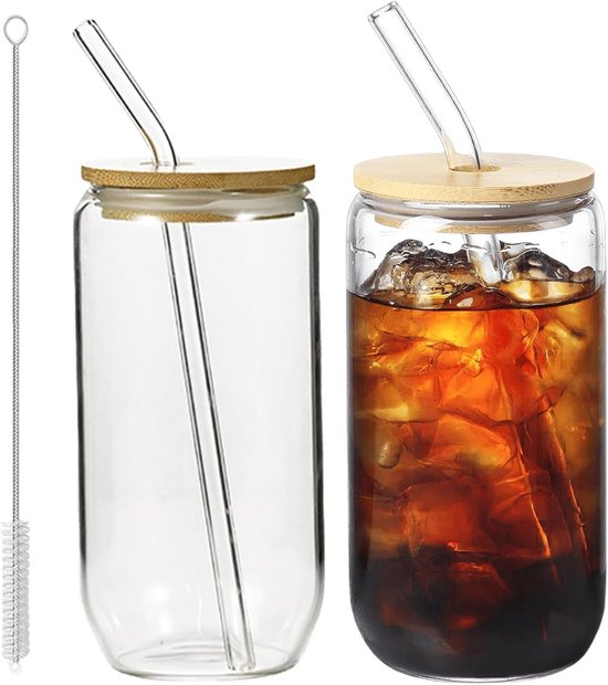 Set Van 2 Glazen Drinkbekers 500 Ml Met Deksel En Rietje Voor Bubble set-van-2-glazen-drinkbekers-500-ml-met-deksel-en-rietje-voor-bubble