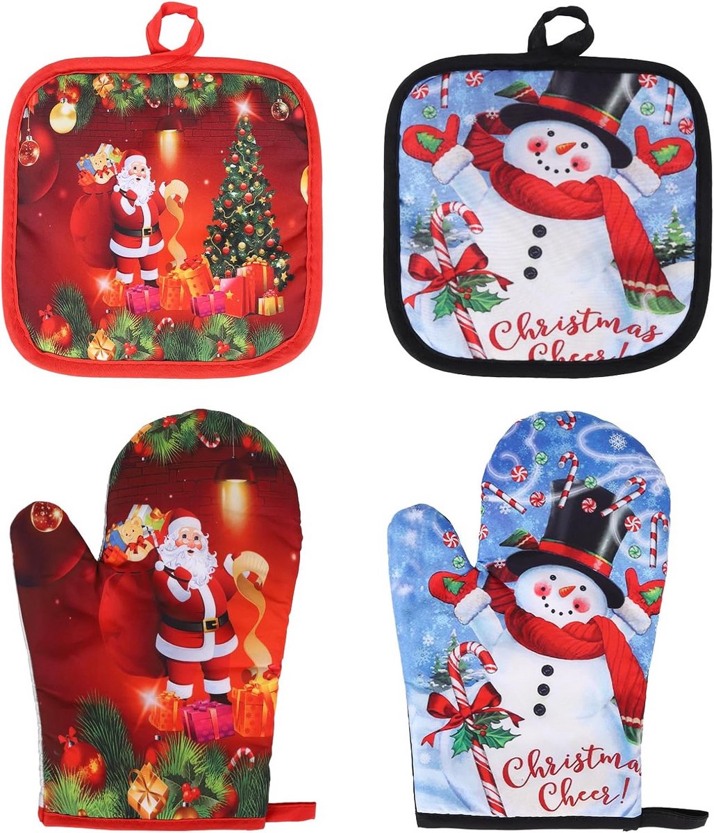 Set van 2 Ovenwanten en Pothouders voor Kerst, Hittebestendig voor Oven en BBQ