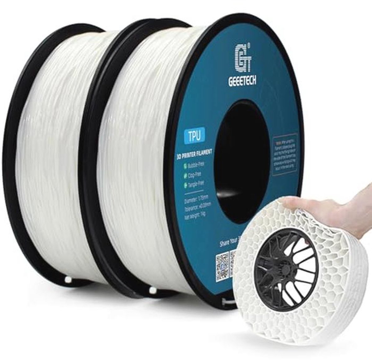 Witte TPU filament voor 3D-printer, 2 x 1 kg spoel