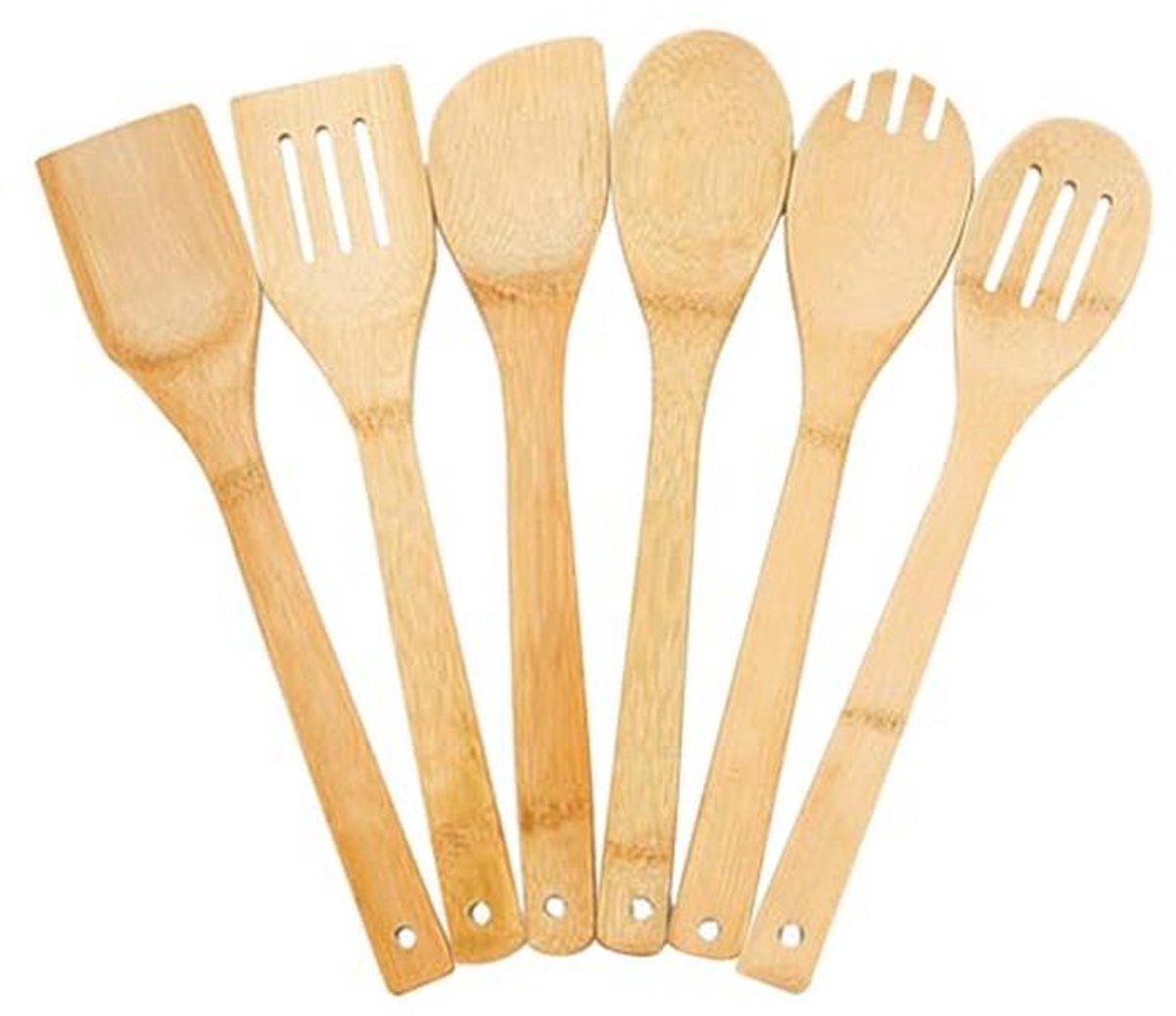 Houten lepelset 6-delige set bamboe kookgerei premium houten spatels