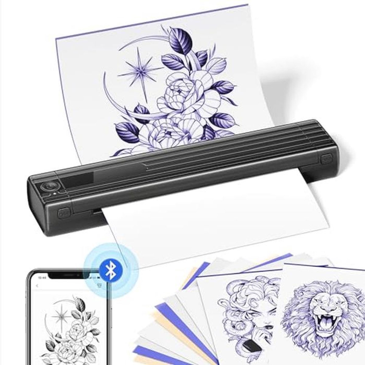 ASprink Tattoo printer, tattoo-printer, bluetooth thermische printer, tattoo met 10 transferpapier, TP83 tattoo-transferprinter, machine compatibel met smartphones, tablets en pc