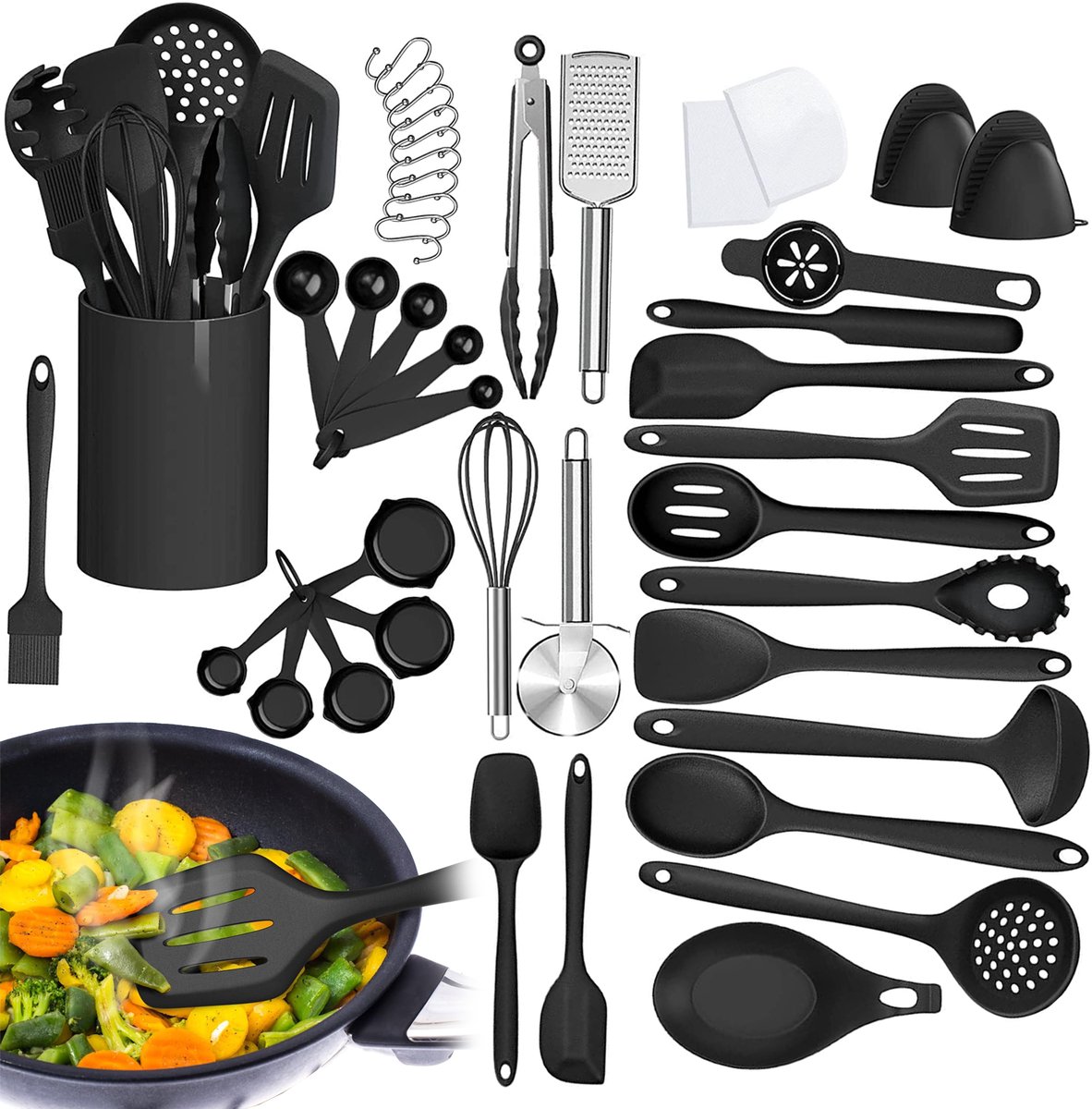 OKWISH Keukengerei-Sets – Complete Keukenset Met Anti-Aanbak Silicone Keukengerei, Ergonomisch Ontwerp Met Ophanghaakjes Voor Praktisch Gebruik – Zwart – Silicium