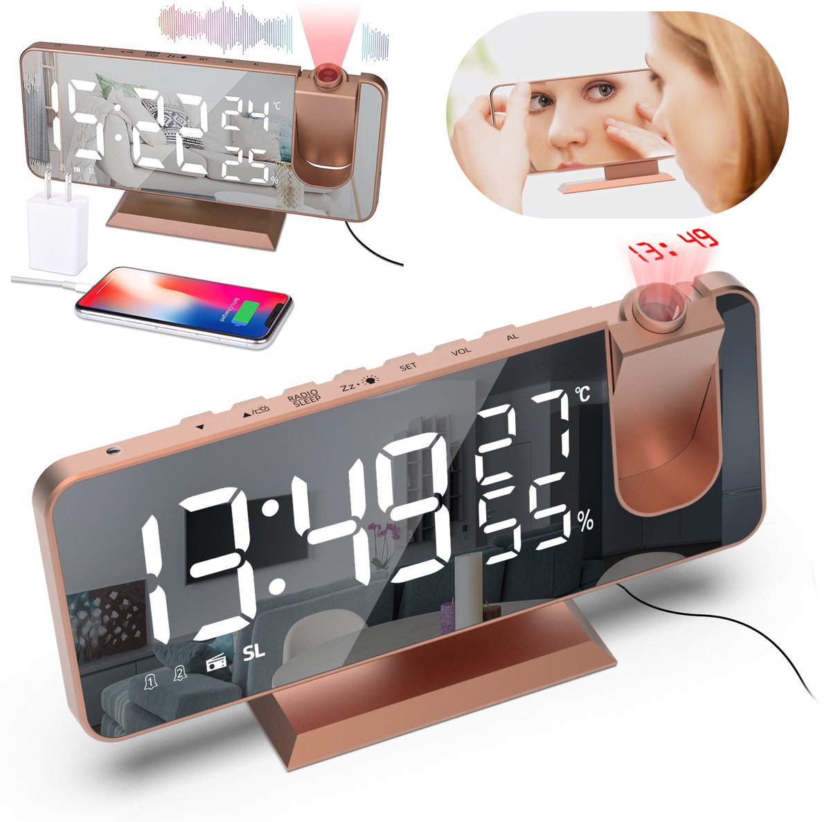 OKWISH Projectieklokken – LED Projectie Wekker Met Instelbare Helderheid, Temperatuurweergave En Schlaftimer – ABS – Roségoud