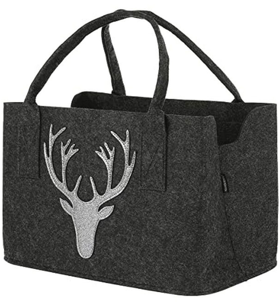 Vilten tas voor brandhout met hertenkop - donkergrijs - 40 x 25 cm