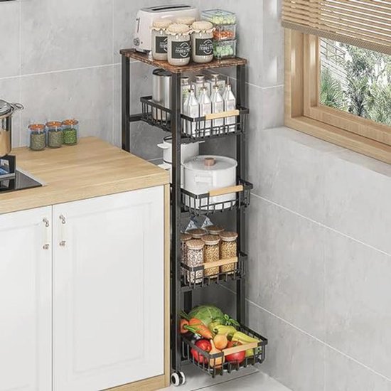 Narrow Wheeled Trolley 5-Step Kitchen Rack with Pull-Out Baskets | bol