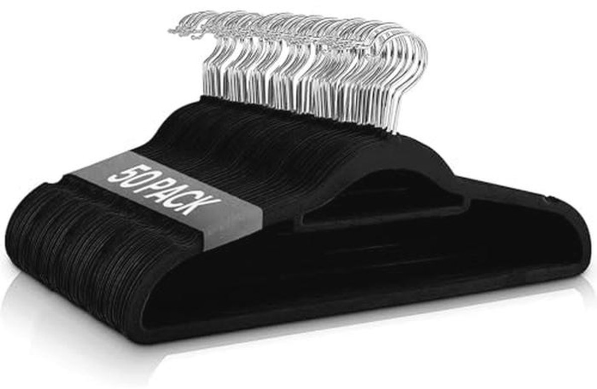 Fluwelen Kleerhangers - 50 Stuks - Zwart - Antislip en Dun