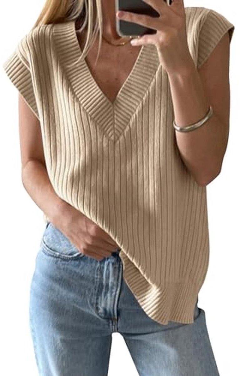 Dames V-hals oversized gebreide pullover mouwloze tanktops - Lichte en elegante zomertrui