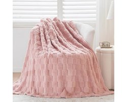 Wajade Fleece deken, pluizige deken van imitatiebont voor bed sofa bank, zachte, gezellige warme dikke deken, geruit roze, 127 x 178 cm