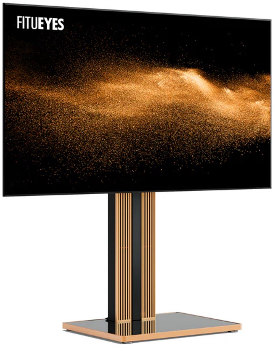 FITUEYES tv standaard Cantor Serie Bodem ‑ tv standaard voet – 43–78″ – Beukenhout & Metaal – Zwenkbaar ±30° – VESA 100–600 tv voet – Draagvermogen 60 kg