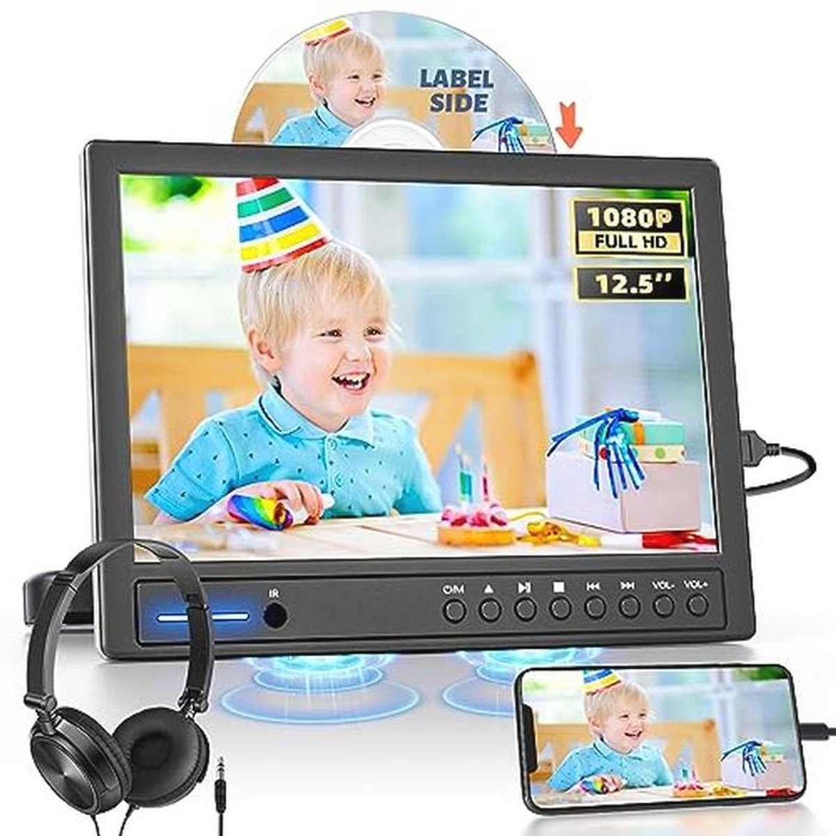Draagbare 12,5 inch DVD-speler voor auto met hoofdtelefoon en 1080P resolutie