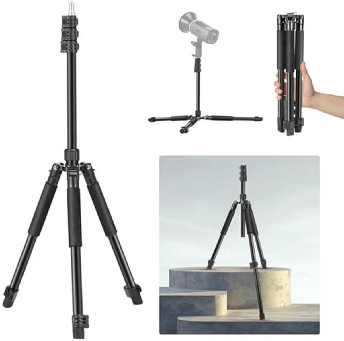 Draagbaar Aluminium Verlichtingsstatief voor Fotografie - Verstelbaar van 1.5-6.4ft/47-195cm, Compact Ontwerp voor Actiecamera’s en Softboxen