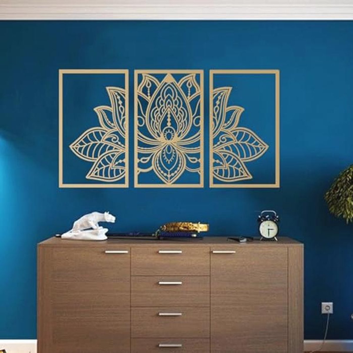 Metalen Muurkunst met Lotusbloem - 3-Delige Set voor Woonkamer, Slaapkamer en Kantoor