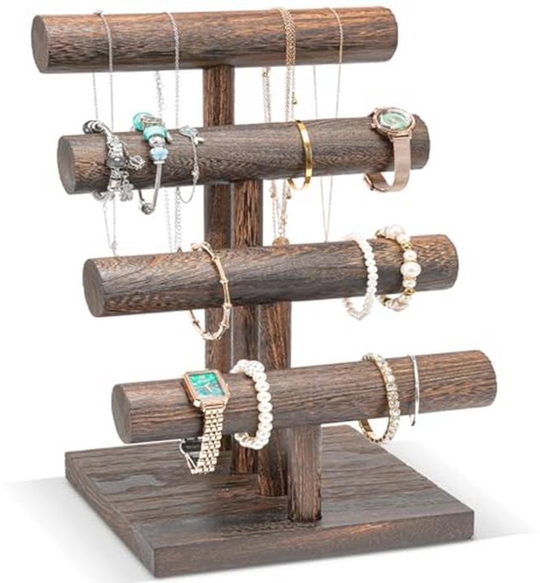 Houten Sieraden Organizer Tower - 4 Niveaus Sieraad Houder voor Armbanden en Horloges