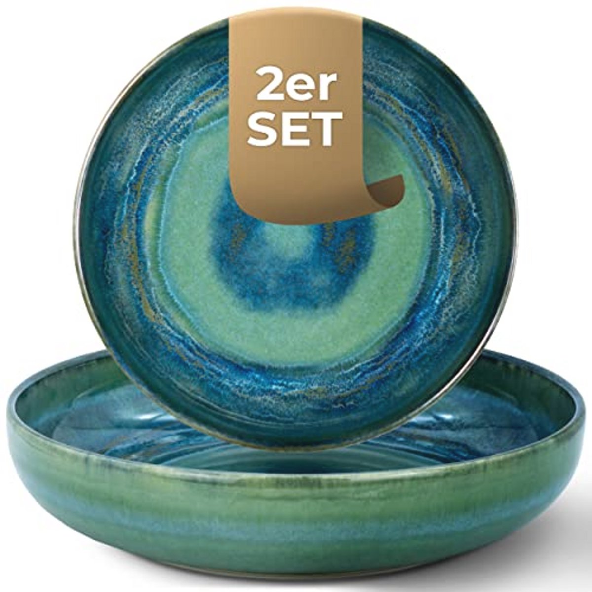 Diepe borden set van 2 - 22 cm - Groen en Blauw Aardewerk