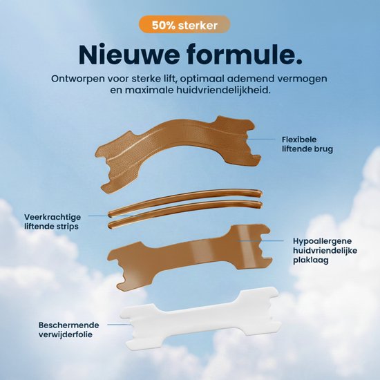 Illustration de la formule 50% plus forte des bandelettes nasales. Pont liftant flexible, bandes résilientes.