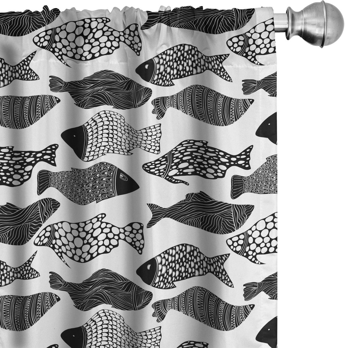 ABAKUHAUS Visgordijnen – 2x75x245 cm – Zentangle-waterdieren – microvezel Charcoal Grau Weiß