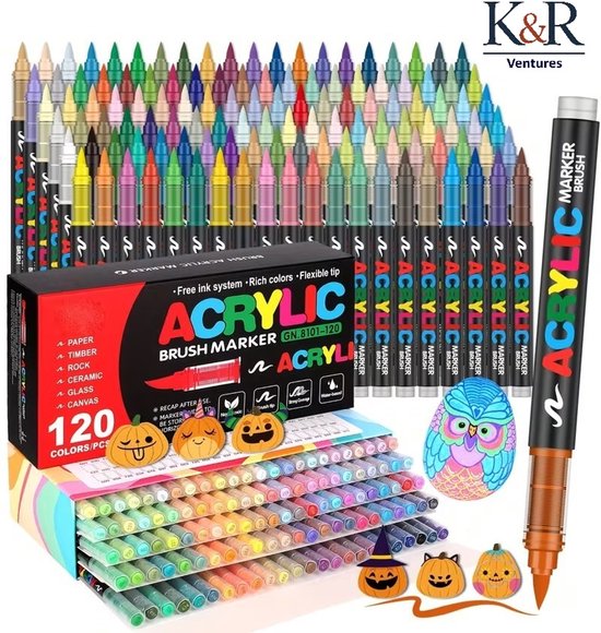 Marqueurs acryliques K&R Ventures® – 120 Couleurs – Marqueurs acryliques pour Verre, Bois, Pierre, Céramique, Tissus & Toile – Marqueurs de peinture à base d'eau – Non toxiques – Pour Adultes & Enfants – Ensemble de dessin avec couverture forte