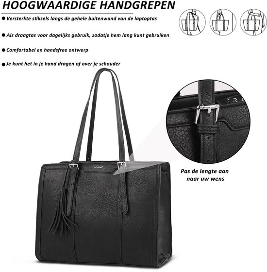 Zwarte dames laptoptas met versterkte handgrepen en tassuiltje, verstelbare lengte.
