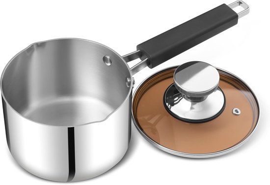Rorence 3-kwart steelpan met deksel: giet en zeef roestvrijstalen sauspan met giettuiten, capsulebodem en gehard glazen deksel Rorence 3-kwart steelpan met deksel: giet en zeef roestvrijstalen sauspan met giettuiten, capsulebodem en gehard glazen deksel