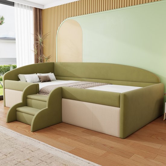MODFU Petit lit 90x190 cm, velours rembourré, bloc de couleur vert foncé + ivoire, avec barrière de sécurité et marches antidérapantes