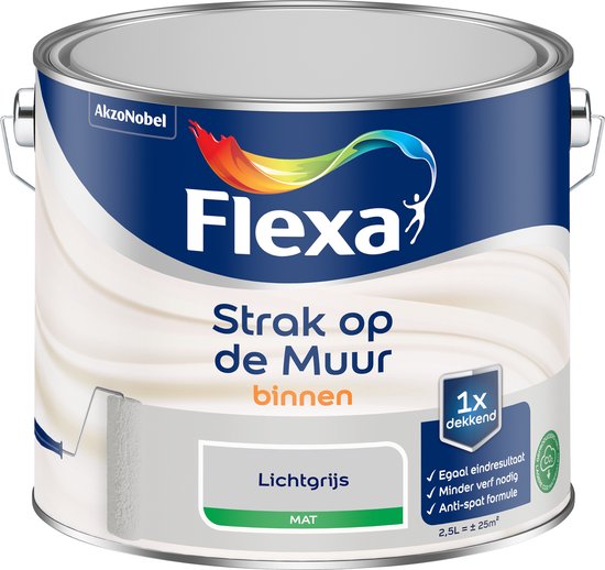 Flexa - Strak op de Muur Binnen Muurverf Mat - Lichtgrijs - 2.5 L