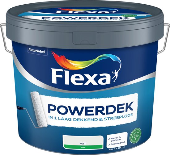 Flexa - Powerdek Muren & Plafonds - Wit - 10 Liter - 100m2 - In 1 laag dekkend & streeploos resultaat - Sneldrogend - Geproduceerd met (hernieuwbare) biobased grondstoffen