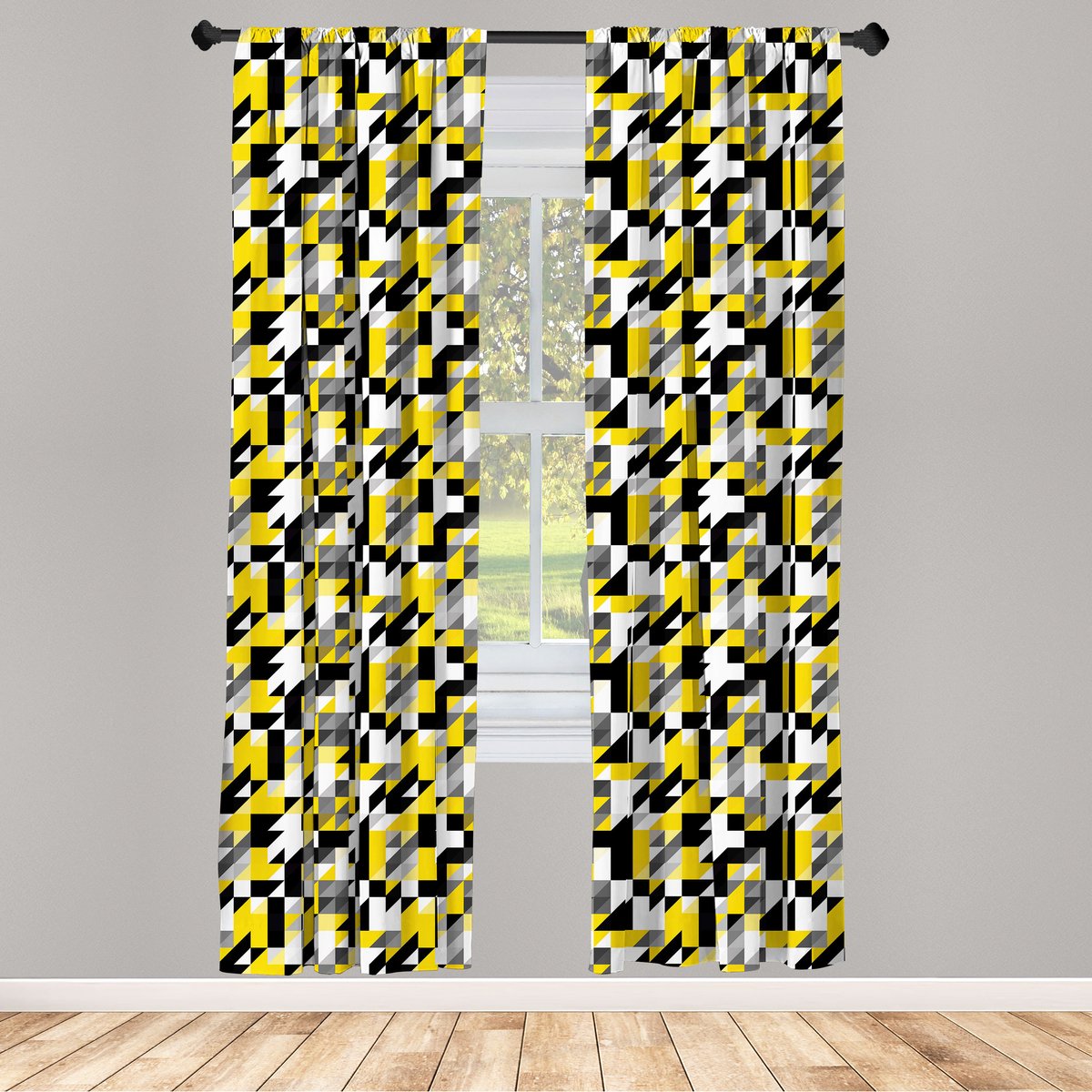 ABAKUHAUS Gordijnen – Geel/Grijs/Zwart – 2x75x175 cm – Halfdonkerend
