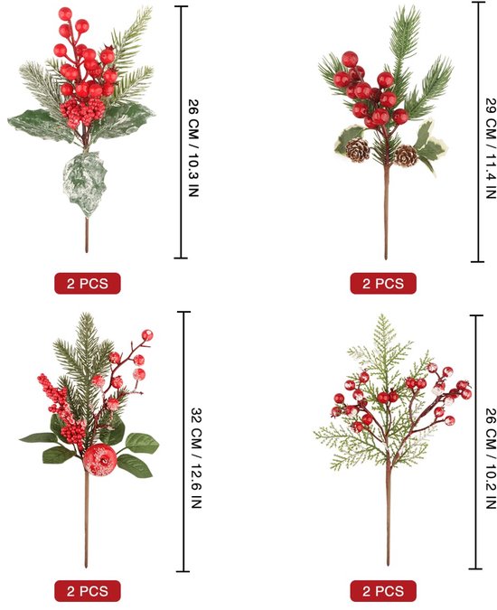 6-stuks kunstdennentakken met bessen en dennenappels - doe-het-zelf kerstkrans