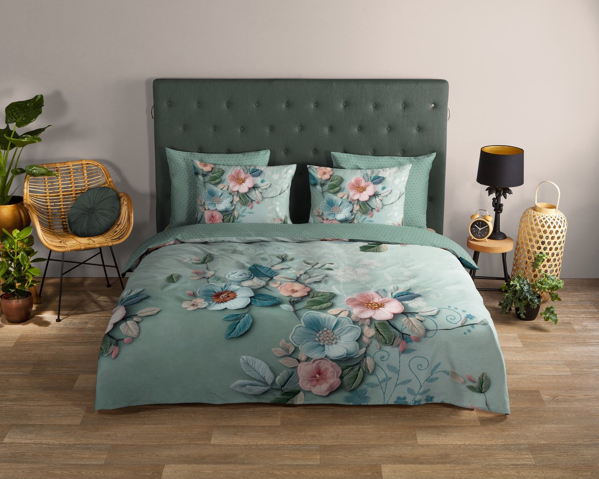 Good Morning dekbedovertrek bloemen - 2 persoons 200x200/220 cm - Groen - 100% Katoen renforce