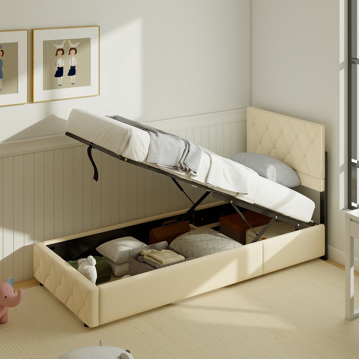 OKWISH Opbergbed 90x190cm - Eenpersoonsbedden - Gestoffeerd Bed - Veel Opbergruimte - Metalen Frame - Beige