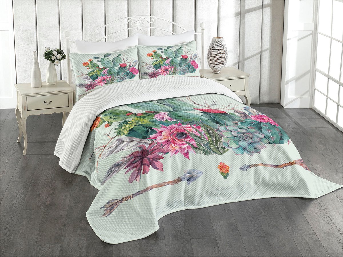 ABAKUHAUS Kaktus Dagdeken Set – Dekbedovertrekset, 264x220 cm, Groen-Roze