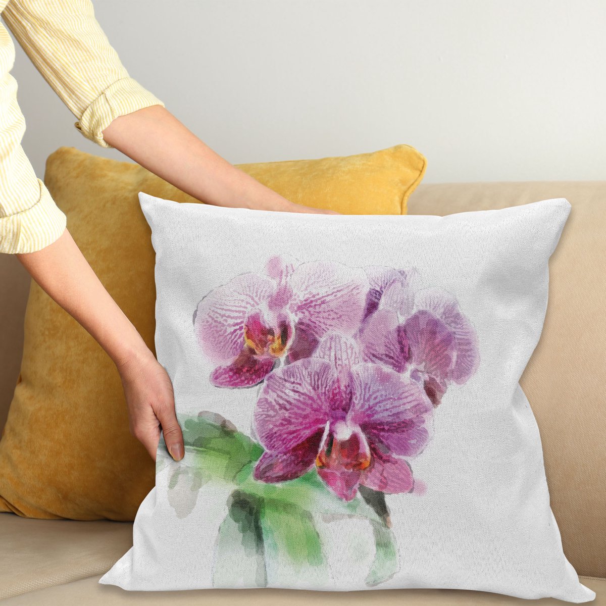 ABAKUHAUS Orchidee Kussenhoes – Floristische Aquarel – Dubbelzijdig bedrukt – 40×40 cm – Veelkleurig meerkleurig