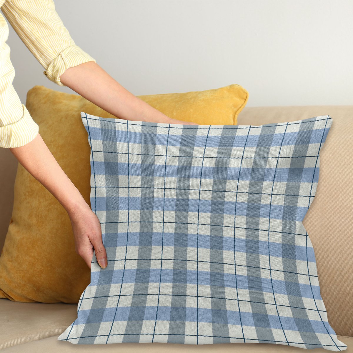 ABAKUHAUS geruit kussenhoes – 45x45 cm – blauwgrijs/lichtblauw Blaugrijs