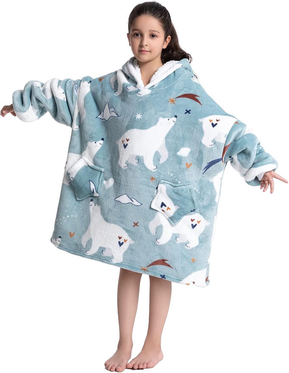 Extra Grote Kinderdeken met Capuchon en Mouwen - Sherpa Fleece Comfortabel Hoodie Deken voor Jongens en Meisjes