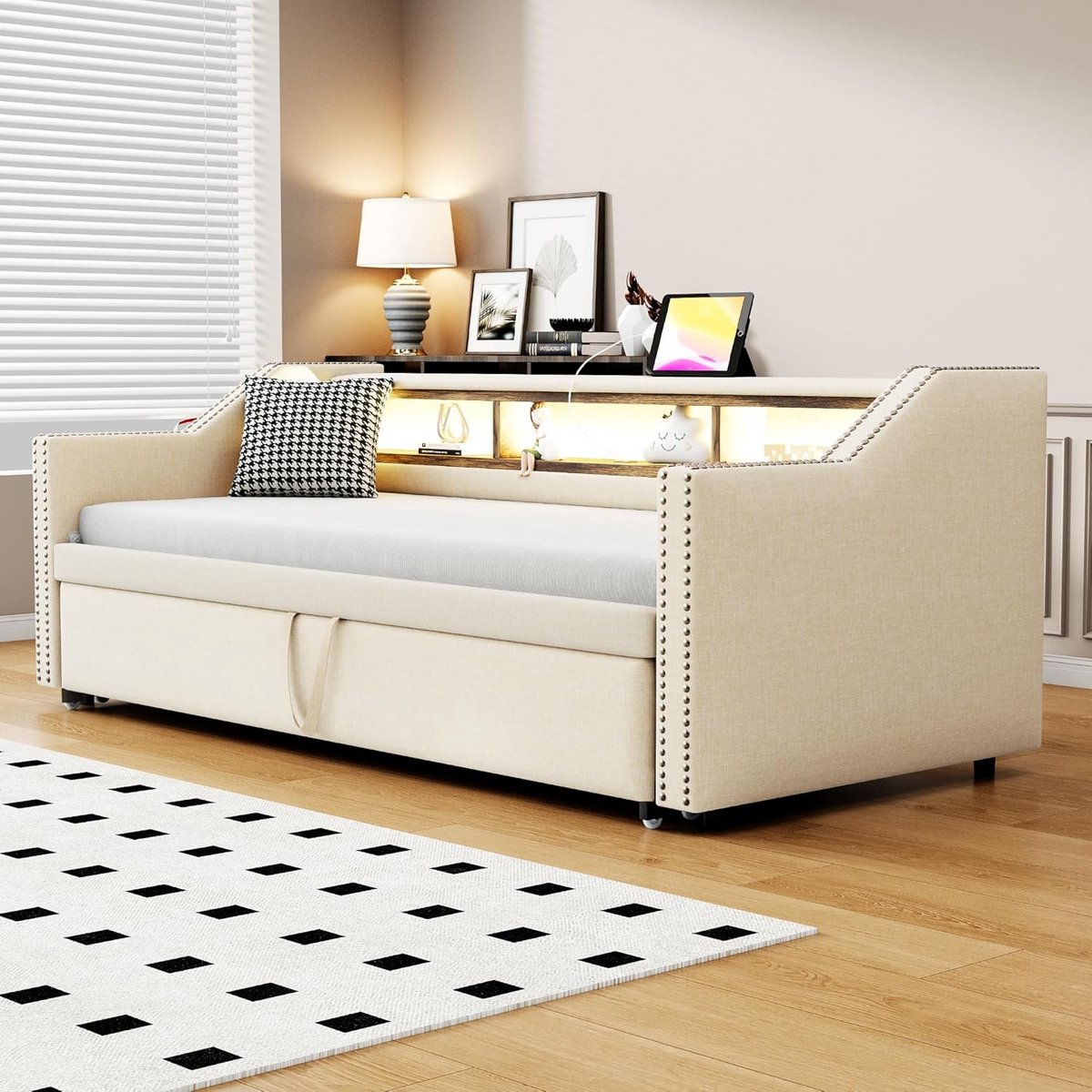Uitschuifbare Slaapbank Beige 90/180x190 met USB, LED Verlichting en Opbergruimte