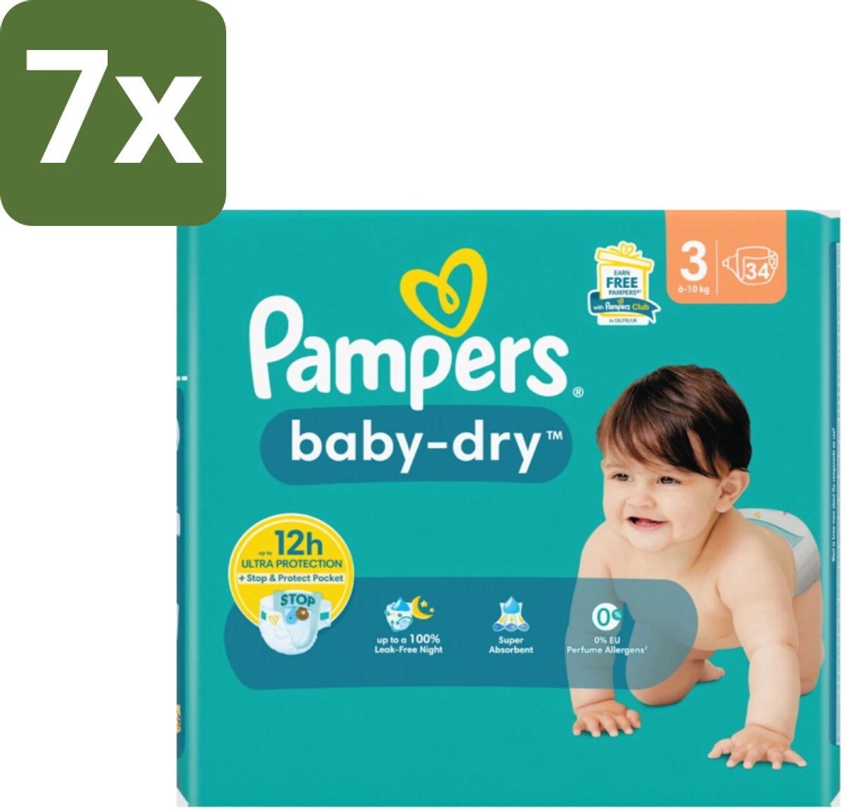 7 x Pampers – Luiers – Baby-Dry Maat 3 (6-10 kg) – 34 Luiers - Babyluier - Babydouche - Droge Luier - Luier Voor Baby - Luier 3 Kg