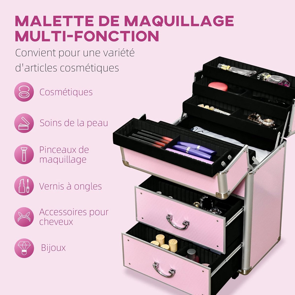 Professionele Make-up Koffer Trolley met Telescopische Handgreep en Wielen