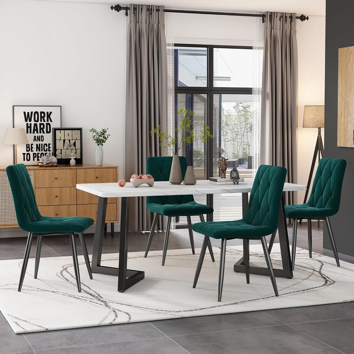Moderne Eetkamerset Tafel met 4 Samt Stoelen - Rechthoekige Eettafel 117x68cm