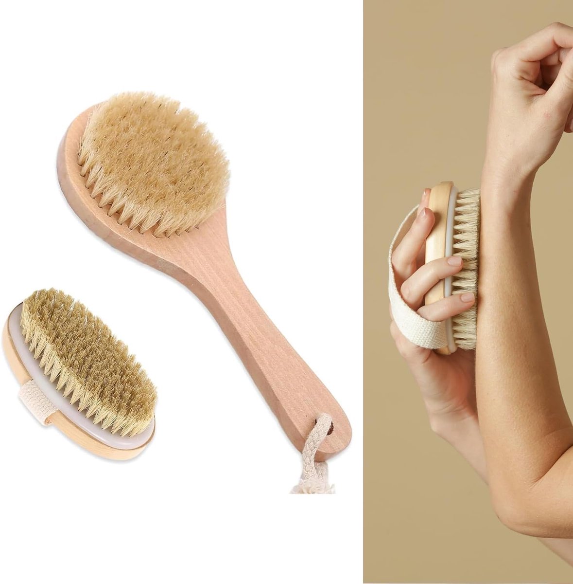 Famanu – Droogborstel voor exfoliëren en stimuleren van de huid, zachte natuurlijke haren, handmodel voor lichaamsverzorging