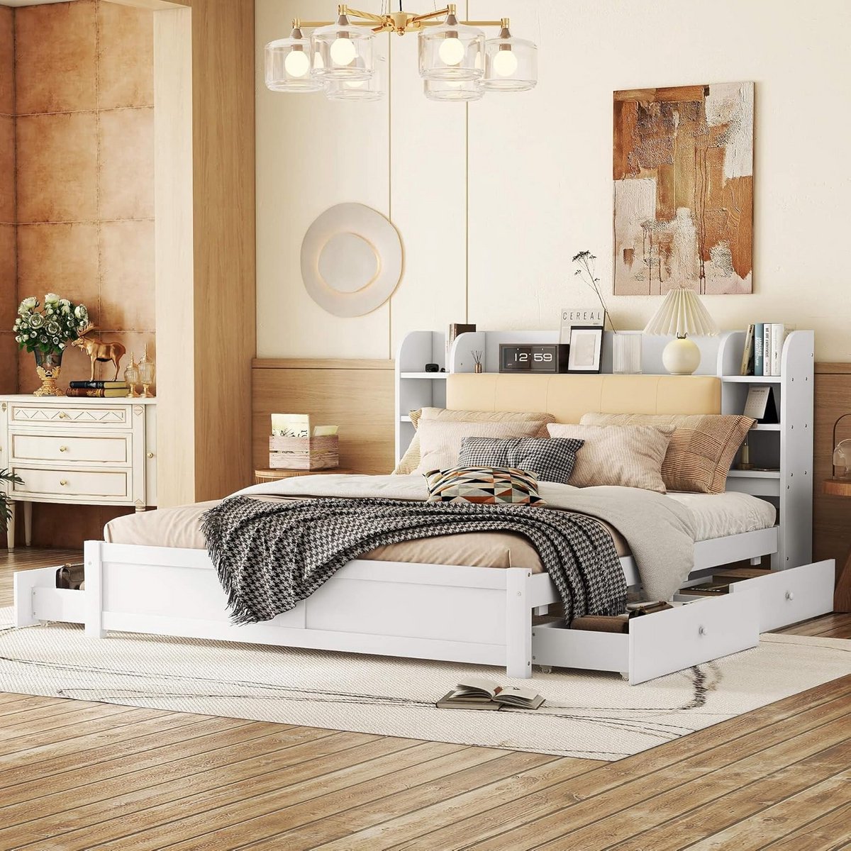 Tweepersoonsbed 180x200 cm met Opbergruimte, Houten Bedframe met 4 Laden en Hoofdeinde