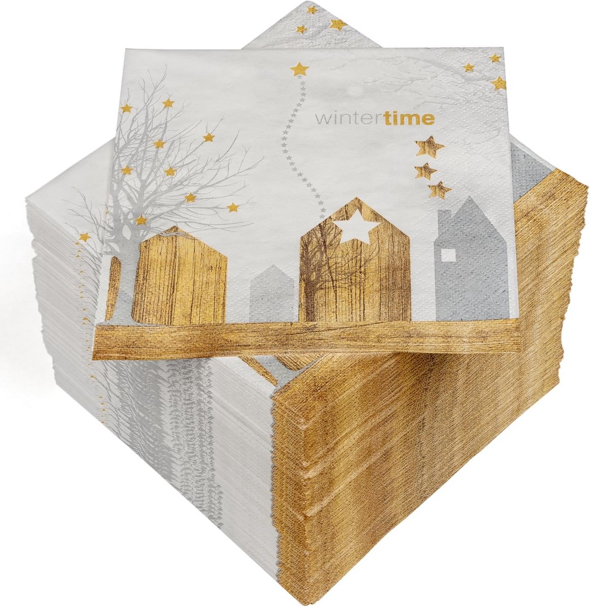 100 Papieren Servetten 3-laags Wit met Winterhuisjes Motief 33x33 cm