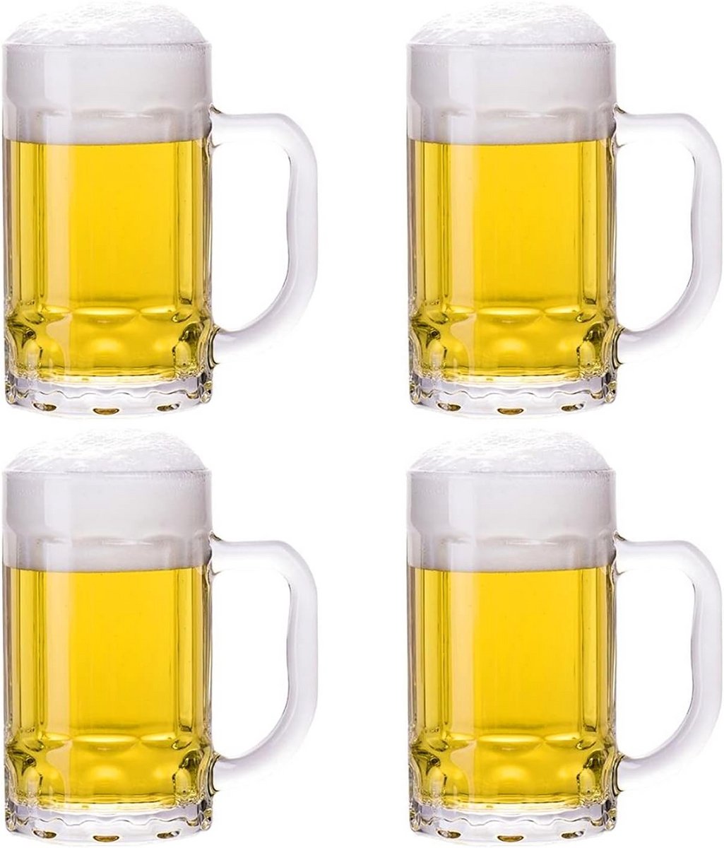 Set van 4 Zware Grote Bierglazen met Hendel - 400ml Klassieke Steins
