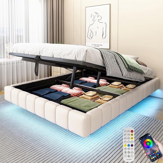 Gestoffeerd bed 90x200 cm met USB-opladen, LED-verlichting & opbergruimte - modern design van hout en linnen in beige/grijs, zonder matras