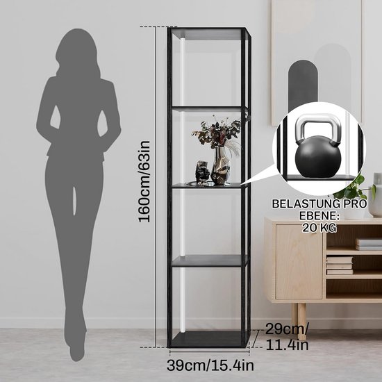 XIIW Boekenkast met ledverlichting, 5-traps vloerlamp met houten plank, dimbaar, staande lamp met 3 kleurtemperaturen en helderheid instelbaar, woonkamer, staand rek voor slaapkamer, werkkamer