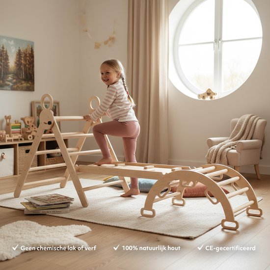 Deryan Luxe Opvouwbare Driehoek met Klimboog en Helling met Klimrek/Glijbaan - inclusief kussen - Montessori Meubels Houten Speelgym van Deryan — afbeelding 3