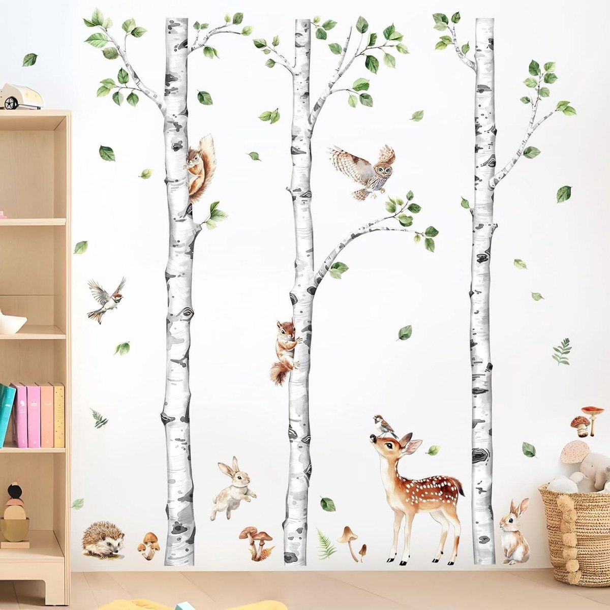 CSGoods - Muursticker Grote Bosdieren Berkenboom voor Kinderkamer Decoratie met Hert, Konijn, Eekhoorn en Uil