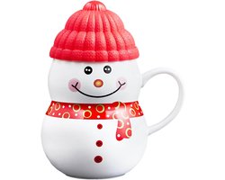 Coffee mug - snowman ceramic tea cup - soft plastic lid - 400ml - rood